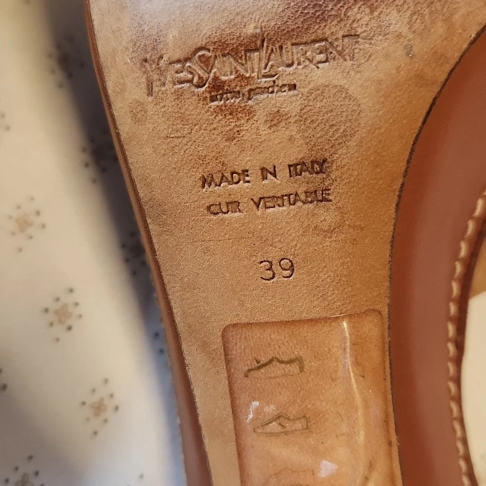 Yves Saint Laurent Tan Leather Cross-strap Heels Platform Slides Size 39/8.5